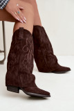 Braune Cowboy-Stiefel aus Velourslederimitat mit umgeschlagenem Schaft und Blockabsatz