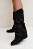 Schwarze Cowboy-Stiefelette aus Velourslederimitat mit umgeschlagenem Schaft und Blockabsatz