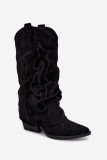 Schwarze Cowboy-Stiefelette aus Velourslederimitat mit umgeschlagenem Schaft und Blockabsatz