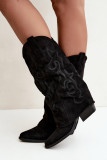 Schwarze Cowboy-Stiefelette aus Velourslederimitat mit umgeschlagenem Schaft und Blockabsatz