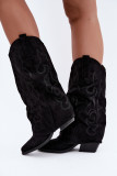 Schwarze Cowboy-Stiefelette aus Velourslederimitat mit umgeschlagenem Schaft und Blockabsatz