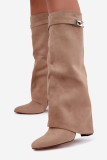 Beige gefütterte Stiefelette mit umgeschlagenem Schaft und Blockabsatz