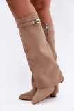 Beige gefütterte Stiefelette mit umgeschlagenem Schaft und Blockabsatz
