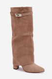 Beige gefütterte Stiefelette mit umgeschlagenem Schaft und Blockabsatz