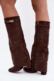 Gefütterte Damenstiefel mit umgeschlagenem Schaft und Blockabsatz, braun