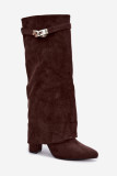 Gefütterte Damenstiefel mit umgeschlagenem Schaft und Blockabsatz, braun