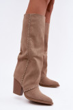 Beige Cowboystiefel aus Wildlederimitat mit Blockabsatz und Reißverschluss