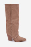 Beige Cowboystiefel aus Wildlederimitat mit Blockabsatz und Reißverschluss