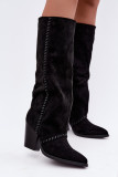 Schwarze Cowboy-Stiefelette aus Velourslederimitat mit Blockabsatz und Reißverschluss