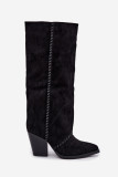 Schwarze Cowboy-Stiefelette aus Velourslederimitat mit Blockabsatz und Reißverschluss