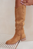 Overknee-Stiefel aus braunem Velourslederimitat mit flachem Absatz
