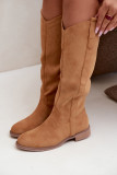 Overknee-Stiefel aus braunem Velourslederimitat mit flachem Absatz