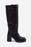 Gefütterte schwarze Stiefel mit Blockabsatz aus Kunstleder