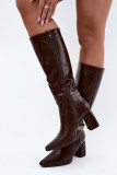 Gefütterte Overknee-Stiefel mit dekorativem Riemen und Blockabsatz, braun