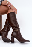 Gefütterte Overknee-Stiefel mit dekorativem Riemen und Blockabsatz, braun