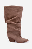 Beige Stiefel aus Veloursleder mit gerafftem Schaft und Absatz