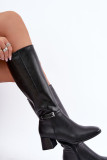 Gefütterte Lederstiefel mit Blockabsatz und Schnalle, schwarz