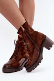 Braune Stiefelette mit Blockabsatz aus Kunstleder und Wildleder
