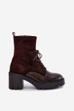 Braune Stiefelette mit Blockabsatz aus Kunstleder und Wildleder