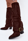 Stiefel mit Blockabsatz, umgeschlagenem Schaft und Schnalle, braun