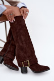 Stiefel mit Blockabsatz, umgeschlagenem Schaft und Schnalle, braun