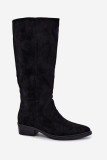 Gefütterte schwarze Overknee-Stiefel aus Veloursleder mit niedrigem Absatz