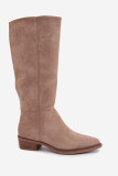 Gefütterte beige Overknee-Stiefel aus Veloursleder mit niedrigem Blockabsatz