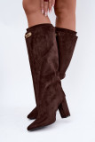 Gefütterte Overknee-Stiefel aus Veloursleder mit Blockabsatz, braun