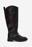 Schwarze Overknee-Stiefel mit dekorativem Riemen und flachem Absatz