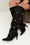 Schwarze Overknee-Stiefel mit Stiletto-Absatz und goldenen Details