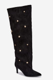 Schwarze Overknee-Stiefel mit Stiletto-Absatz und goldenen Details