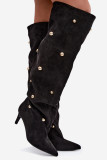 Schwarze Overknee-Stiefel mit Stiletto-Absatz und goldenen Details