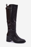 Gefütterte Stiefel mit Blockabsatz und Schnalle schwarz