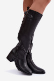 Gefütterte Stiefel mit Blockabsatz und Schnalle schwarz