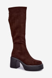 Braune Overknee-Stiefel aus Velourslederimitat mit Plateau und Blockabsatz