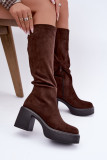 Braune Overknee-Stiefel aus Velourslederimitat mit Plateau und Blockabsatz