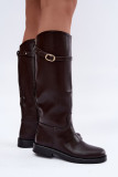 Stiefel mit flachem Absatz, Riemen und goldener Schnalle, braun