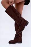 Braune Overknee-Stiefel aus Velourslederimitat mit flachem Absatz