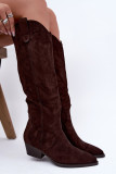 Gefütterte braune Overknee-Stiefel mit Blockabsatz aus Wildlederimitat