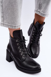 Schnürbare gefütterte Stiefelette mit Blockabsatz, schwarz
