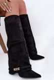 Gefütterte Overknee-Stiefel mit umgeschlagenem Schaft und Absatz schwarz