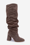 Overknee-Stiefel aus Veloursleder mit Blockabsatz, beige