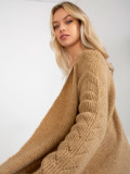 Camelfarbener Maxi-Cardigan mit Ajourmuster