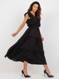 Schwarzes Midi-Kleid mit Volant und lockerem Schnitt