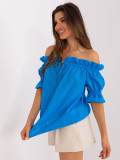 Blaue Baumwollbluse mit Carmen-Ausschnitt