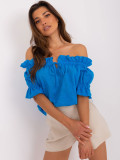 Blaue Baumwollbluse mit Carmen-Ausschnitt