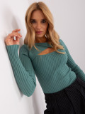Pistazienfarbener Rippstrickpullover mit Wickelausschnitt