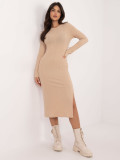 Beige Midi-Kleid mit langen Ärmeln