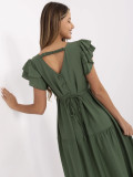 Khaki ausgestellte Kleid mit V-Ausschnitt