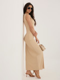 Beiges ärmelloses Midi-Etuikleid